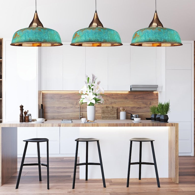 Set of 2 Handmade Moroccan Brass Pendant Lights – Turquoise Verdigris Patina Ribbed Dome Ceiling Lamps with Copper Interior, Kitchen Island & Dining Room Lighting
