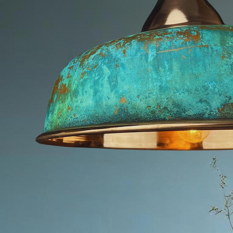 Set of 2 Handmade Moroccan Brass Pendant Lights – Turquoise Verdigris Patina Ribbed Dome Ceiling Lamps with Copper Interior, Kitchen Island & Dining Room Lighting