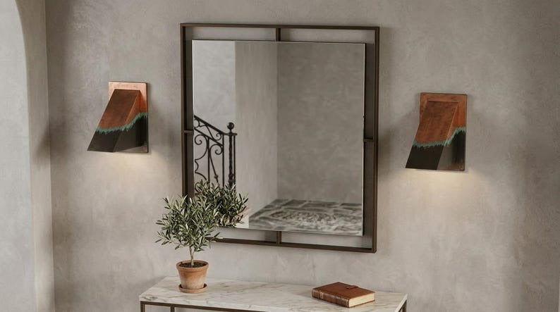Handmade Geometric Brass Wall Sconce with Copper, Black and Verdigris Patina – Triangular Architectural Wall Light for Hallway, Bedroom, Bathroom, Entryway and Modern Rustic Décor
