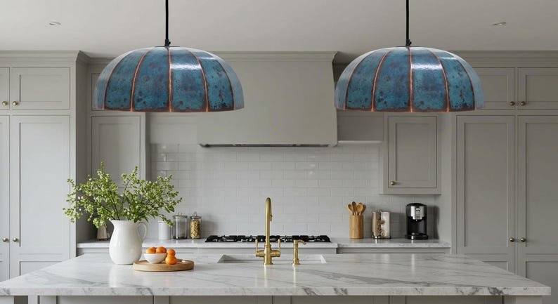 Blue Patina Copper Pendant Light, Handmade Segmented Dome Kitchen Island Lamp, Moroccan Hammered Ceiling Chandelier with Copper Ribs