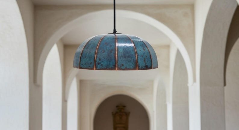 Blue Patina Copper Pendant Light, Handmade Segmented Dome Kitchen Island Lamp, Moroccan Hammered Ceiling Chandelier with Copper Ribs
