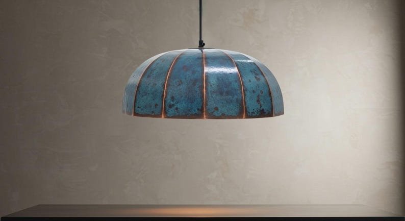 Blue Patina Copper Pendant Light, Handmade Segmented Dome Kitchen Island Lamp, Moroccan Hammered Ceiling Chandelier with Copper Ribs