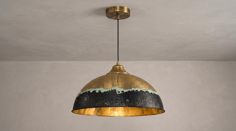 Handmade Patina Brass Pendant Light – Hammered Dome Ceiling Lamp with Antique Gold, Black and Verdigris Finish for Kitchen Island, Dining Room and Entryway