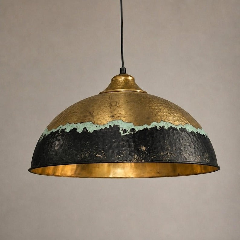 Handmade Patina Brass Pendant Light – Hammered Dome Ceiling Lamp with Antique Gold, Black and Verdigris Finish for Kitchen Island, Dining Room and Entryway