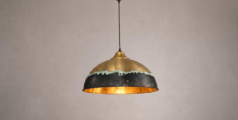 Handmade Patina Brass Pendant Light – Hammered Dome Ceiling Lamp with Antique Gold, Black and Verdigris Finish for Kitchen Island, Dining Room and Entryway