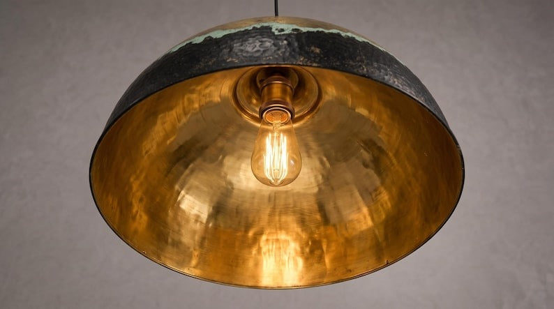 Handmade Patina Brass Pendant Light – Hammered Dome Ceiling Lamp with Antique Gold, Black and Verdigris Finish for Kitchen Island, Dining Room and Entryway