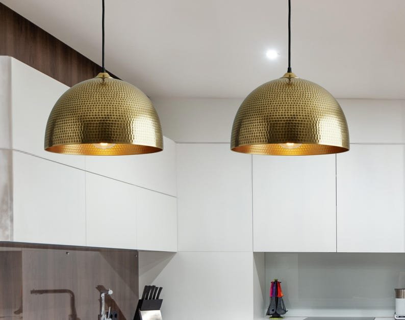 Hammered Brass Dome Pendant Light, Handmade Moroccan Brass Kitchen Island Chandelier, Gold Brass Hanging Lamp, Rustic Boho Farmhouse Ceiling Light Fixture