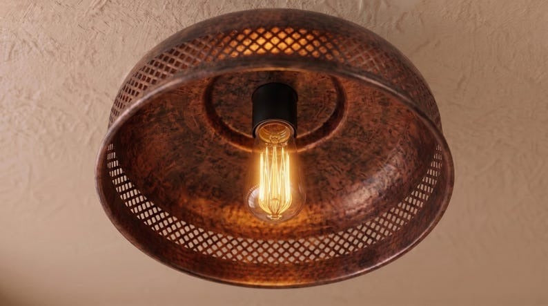 Handmade Brass Flush Mount Ceiling Light – Aged Copper Hammered Brass Dome Fixture with Pierced Border, Moroccan Rustic Farmhouse Ceiling Lamp