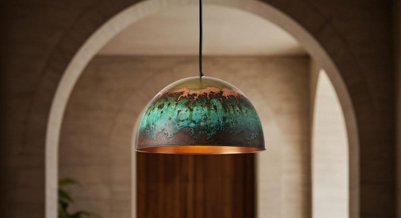Green Patina Brass Dome Pendant Light – Handmade Rustic Ceiling Lamp