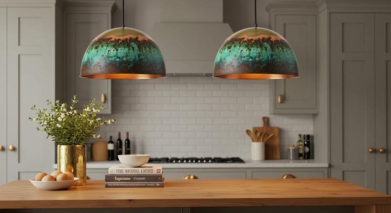 Green Patina Brass Dome Pendant Light – Handmade Rustic Ceiling Lamp