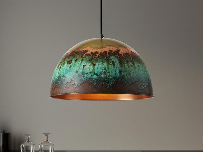 Green Patina Brass Dome Pendant Light – Handmade Rustic Ceiling Lamp