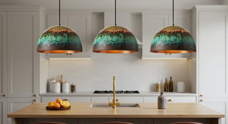 Green Patina Brass Dome Pendant Light – Handmade Rustic Ceiling Lamp