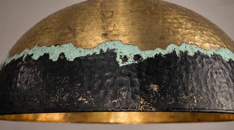 Handmade Moroccan Brass Pendant Light – Hammered Antique Gold, Black & Turquoise Patina Dome Ceiling Lamp, Kitchen Island & Dining Room Lighting