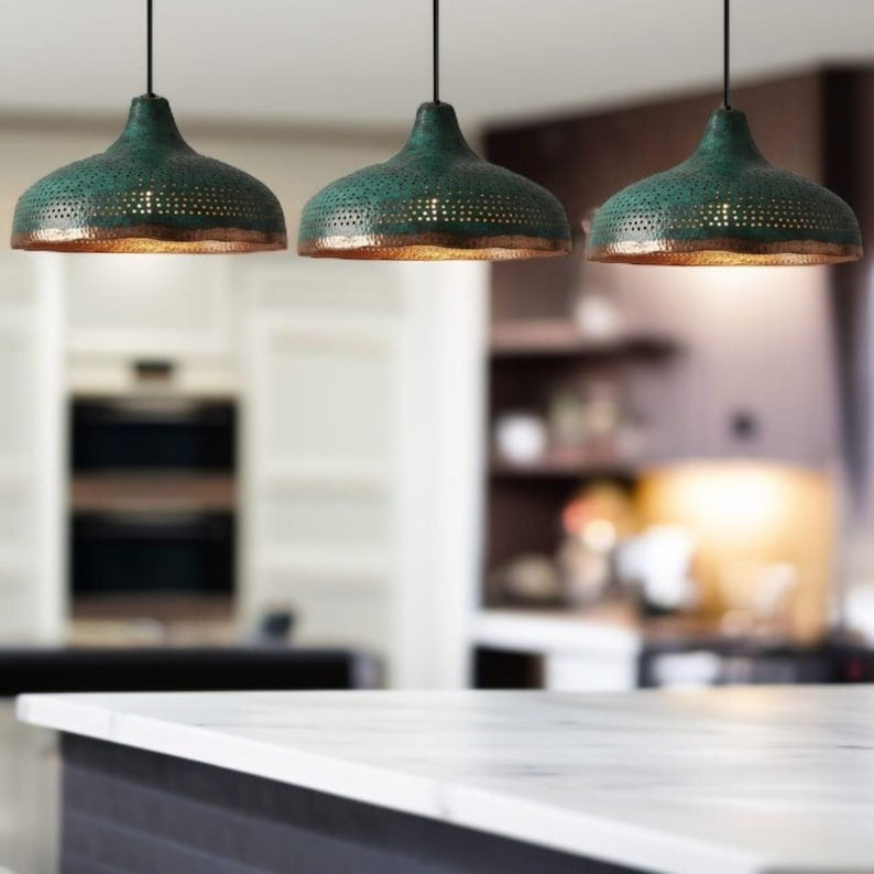 Set of 3 Handmade Moroccan Brass Pendant Lights – Green Patina Hammered Dome Ceiling Lamps with Pierced Detail, Kitchen Island & Dining Room Lighting
