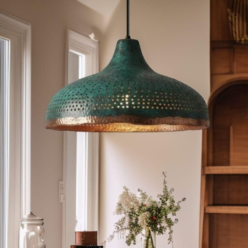 Set of 2 Handmade Moroccan Brass Pendant Lights – Green Patina Hammered Dome Ceiling Lamps with Pierced Detail, Kitchen Island & Dining Room Lighting