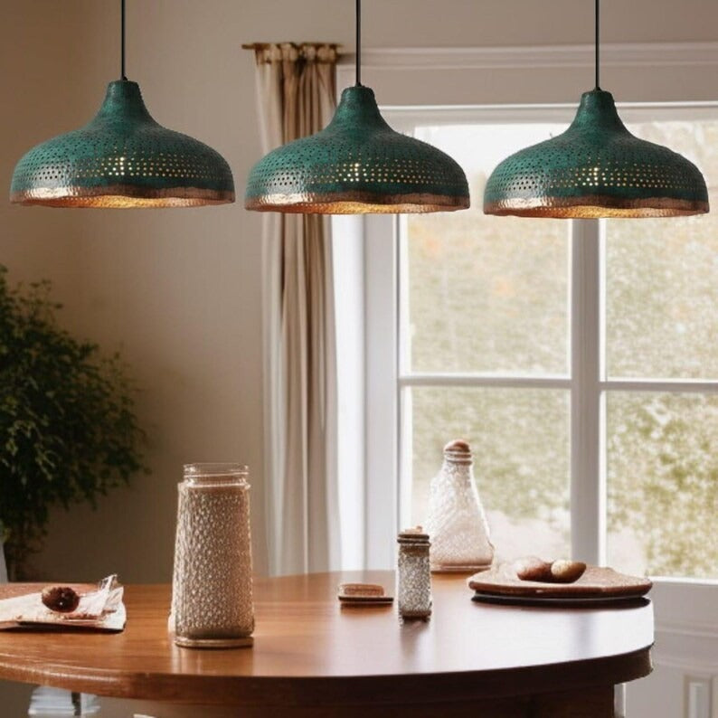 Set of 3 Handmade Moroccan Brass Pendant Lights – Green Patina Hammered Dome Ceiling Lamps with Pierced Detail, Kitchen Island & Dining Room Lighting