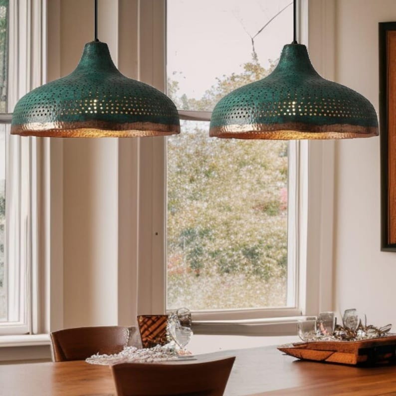 Set of 3 Handmade Moroccan Brass Pendant Lights – Green Patina Hammered Dome Ceiling Lamps with Pierced Detail, Kitchen Island & Dining Room Lighting