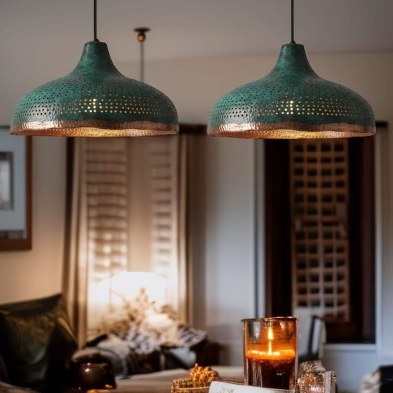 Set of 2 Handmade Moroccan Brass Pendant Lights – Green Patina Hammered Dome Ceiling Lamps with Pierced Detail, Kitchen Island & Dining Room Lighting