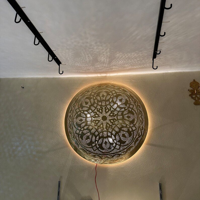Handcrafted Moroccan Brass Wall Lamp β Round Perforated Light Fixture Handcrafted Moroccan Brass Wall Lamp β Round Perforated Light Fixture