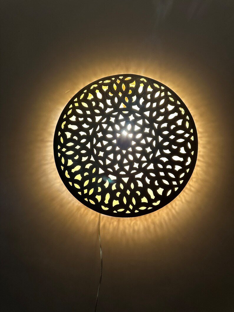 Handcrafted Moroccan Brass Wall Light – Round Sconce Lamp, Artisan Copper & Brass Lighting