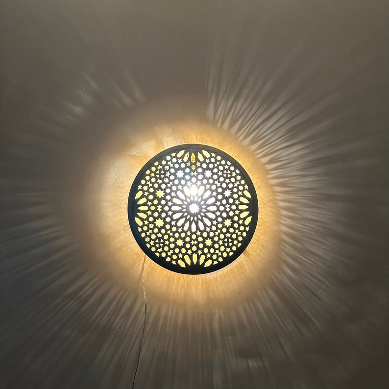 Moroccan Circle-Shaped Wall Lamp – Handcrafted Brass Sconce, Round Wall Light, Customizable Ceiling Mount