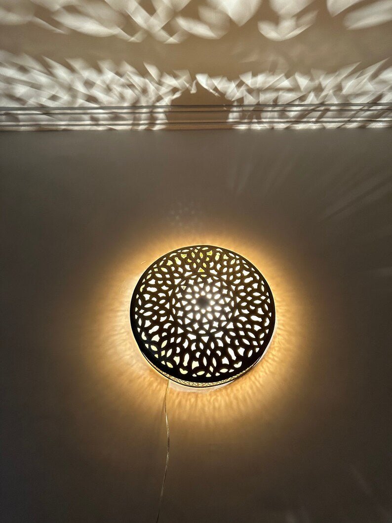 Handcrafted Moroccan Brass Wall Light – Round Sconce Lamp, Artisan Copper & Brass Lighting