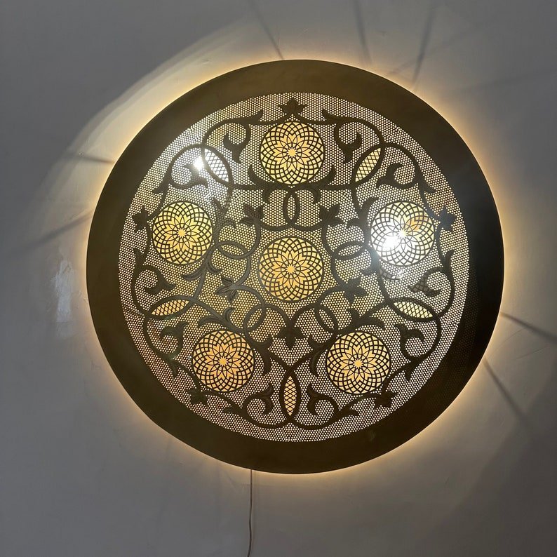 Moroccan Circle-Shaped Wall Lamp – Handcrafted Brass Sconce, Round Wall Light, Customizable Ceiling Mount