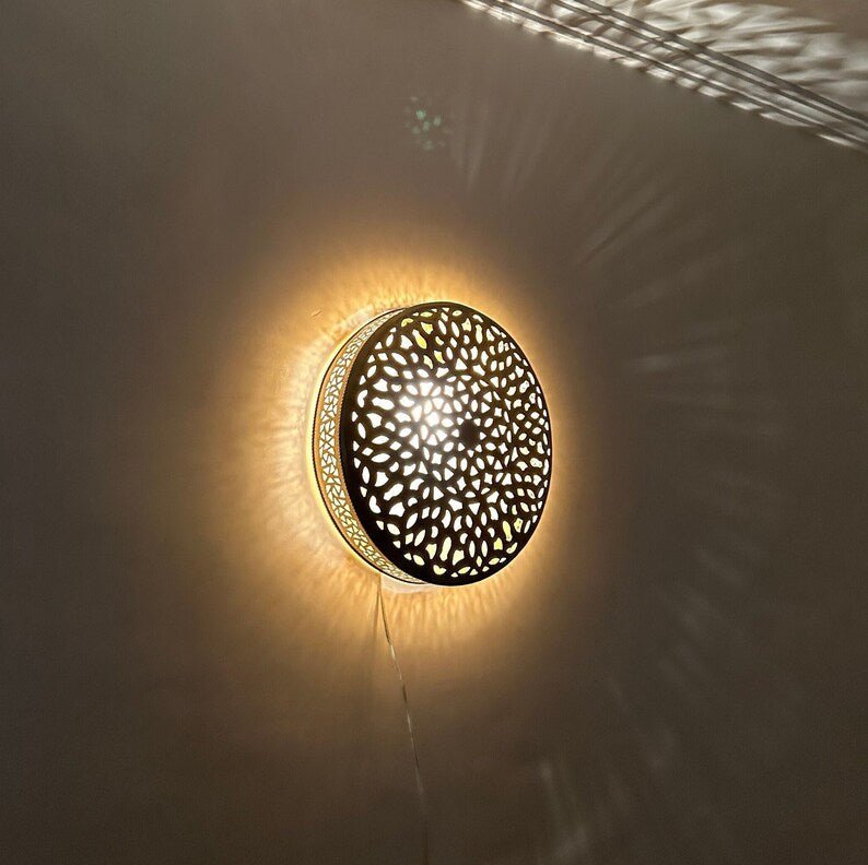Handcrafted Moroccan Brass Wall Light – Round Sconce Lamp, Artisan Copper & Brass Lighting