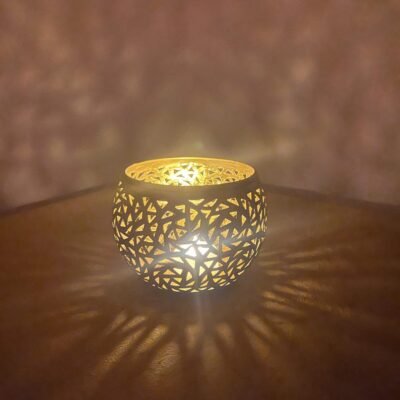 Set of 3 Moroccan candle holder, gold pierced brass, solid metal lantern tea light holders for home decor