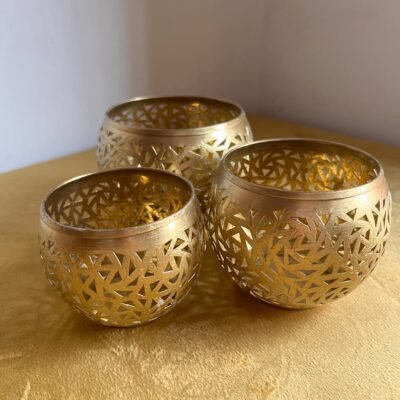 Set of 3 Moroccan candle holder, gold pierced brass, solid metal lantern tea light holders for home decor