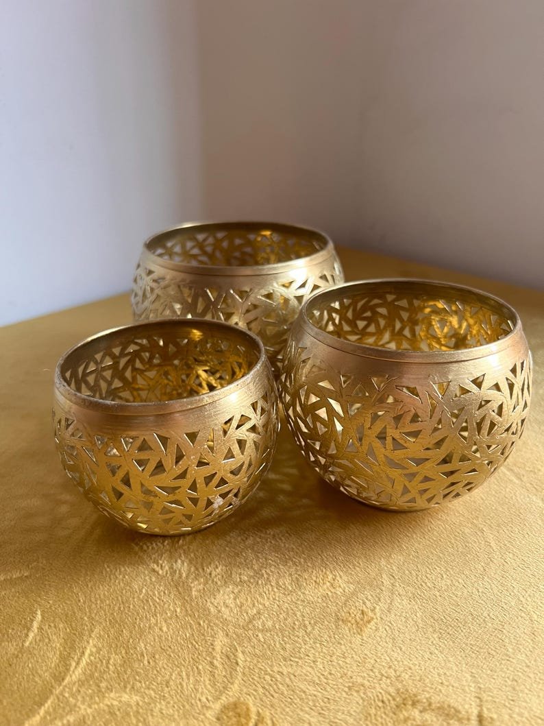 Set of 3 Moroccan candle holder, gold pierced brass, solid metal lantern tea light holders for home decor