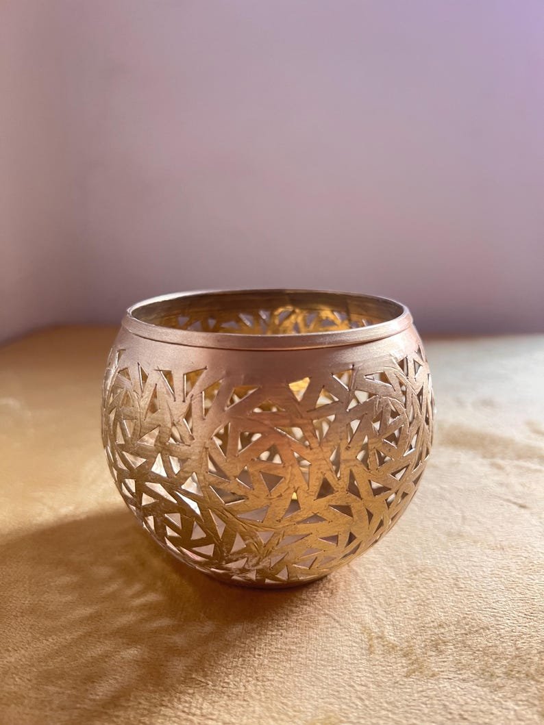 Set of 3 Moroccan candle holder, gold pierced brass, solid metal lantern tea light holders for home decor
