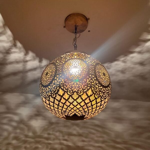 Moroccan Pierced Brass Globe Ceiling Statement Lamp