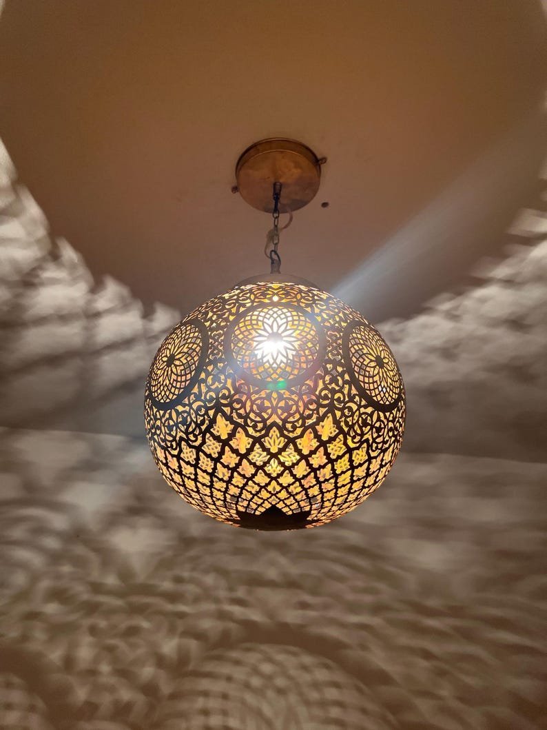 Moroccan Pierced Brass Globe Ceiling Statement Lamp