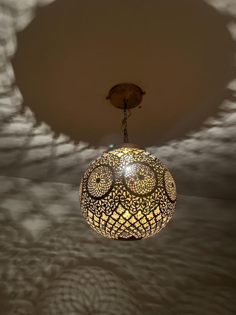 Moroccan handmade ball, Handmade brass lamp, Brass lampshade by hammer, Hanging moroccan lamp, gold color