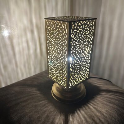 Moroccan brass table lamp, small brass table light lamps , handmade rectangular lampshade, boho art Silver bedside lamp, brass lampshad.