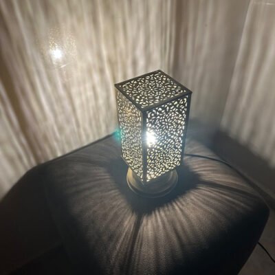 Moroccan brass table lamp, small brass table light lamps , handmade rectangular lampshade, boho art Silver bedside lamp, brass lampshad.