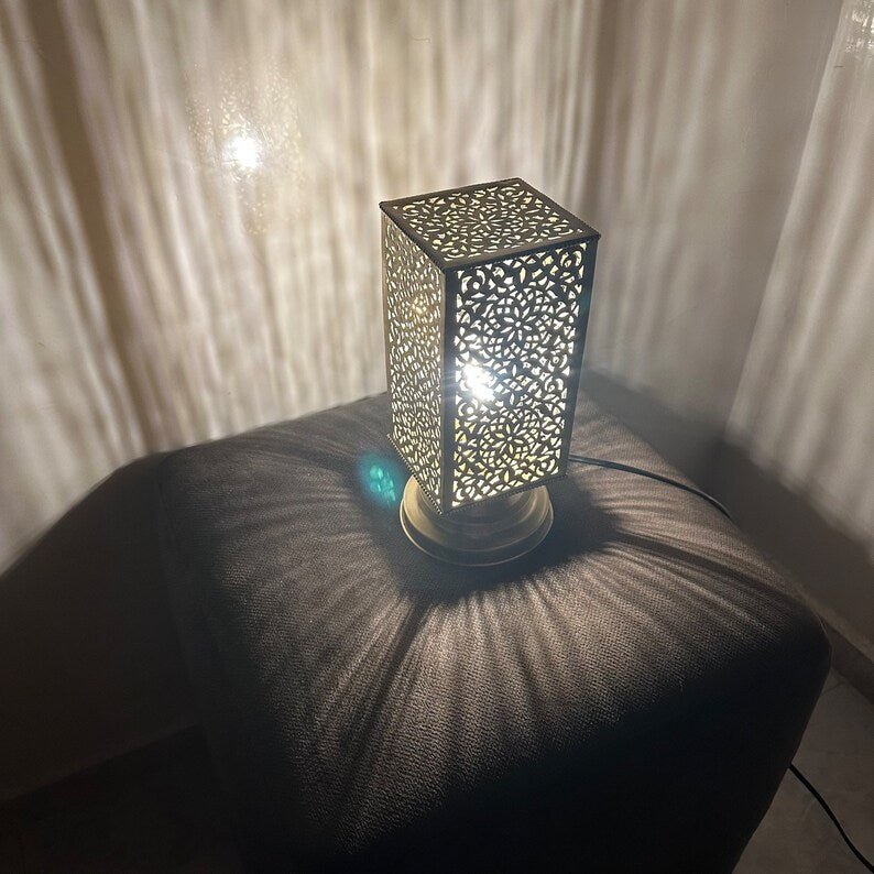 Moroccan brass table lamp, small brass table light lamps , handmade rectangular lampshade, boho art Silver bedside lamp, brass lampshad.