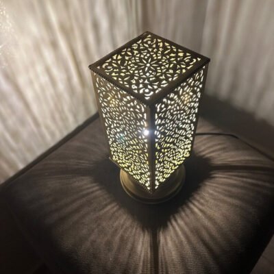 Moroccan brass table lamp, small brass table light lamps , handmade rectangular lampshade, boho art Silver bedside lamp, brass lampshad.