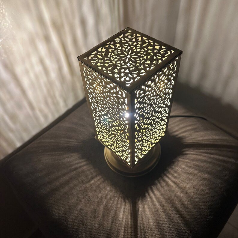 Moroccan brass table lamp, small brass table light lamps , handmade rectangular lampshade, boho art Silver bedside lamp, brass lampshad.