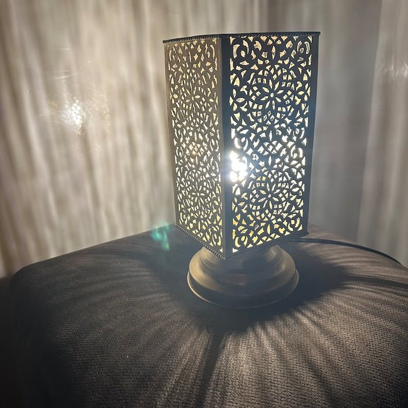 Moroccan brass table lamp, small brass table light lamps , handmade rectangular lampshade, boho art Silver bedside lamp, brass lampshad.