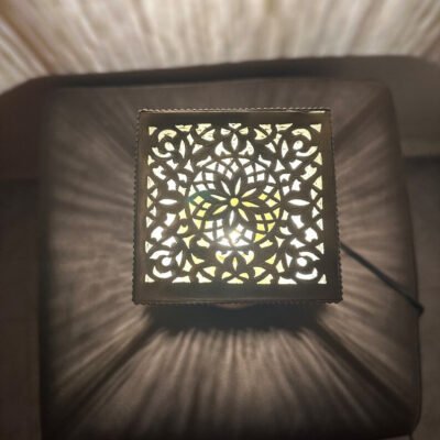 Moroccan brass table lamp, small brass table light lamps , handmade rectangular lampshade, boho art Silver bedside lamp, brass lampshad.