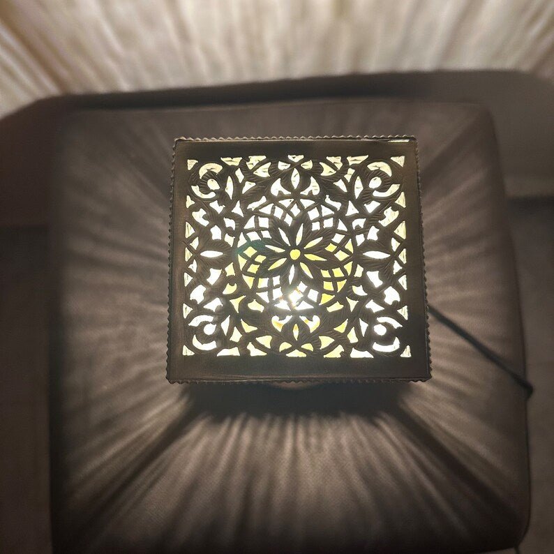 Moroccan brass table lamp, small brass table light lamps , handmade rectangular lampshade, boho art Silver bedside lamp, brass lampshad.