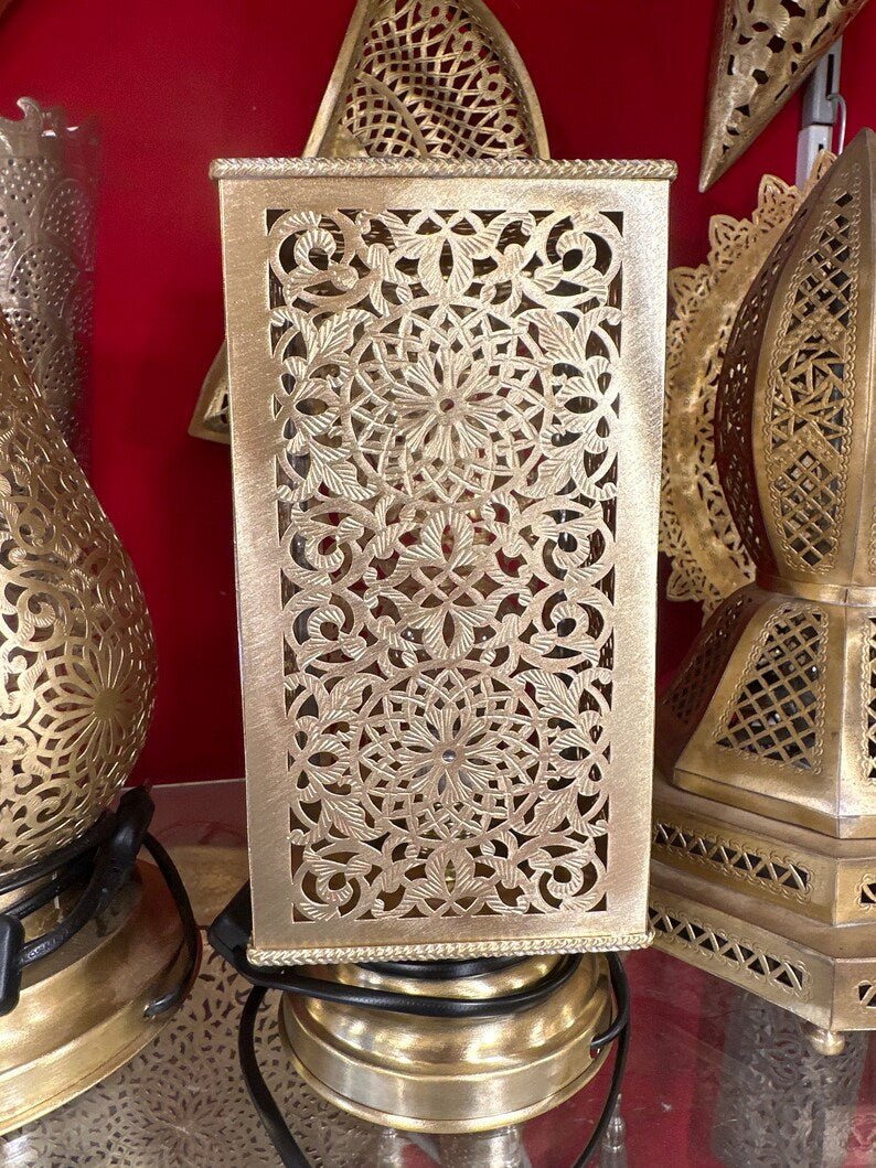 Moroccan brass table lamp, small brass table light lamps , handmade rectangular lampshade, boho art Silver bedside lamp, brass lampshad.