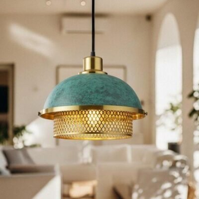 Handmade Green Patina Brass Dome Pendant Mesh Diffuser Ceiling Light