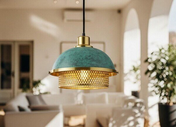 Handmade Green Patina Brass Dome Pendant Mesh Diffuser Ceiling Light