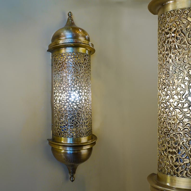 Handmade Moroccan Brass Wall Sconce – Turkish Ottoman Style Pierced Metal Lantern – Antique Decorative Lighting Handmade Moroccan Brass Wall Sconce – Turkish Ottoman Style Pierced Metal Lantern – Antique Decorative Lighting
