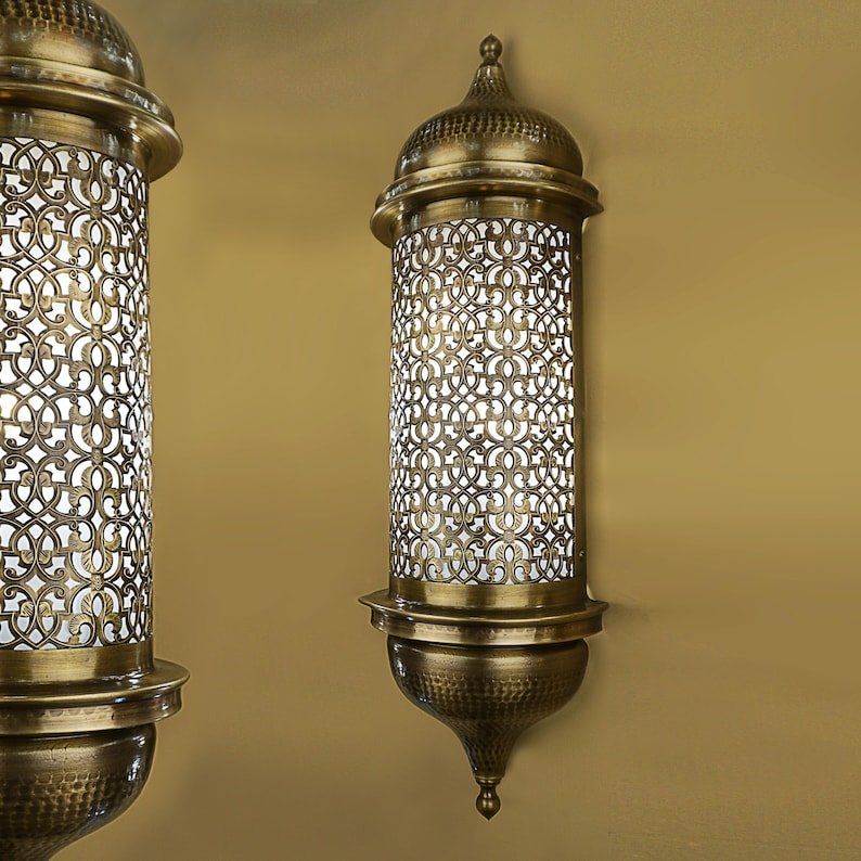 Handmade Moroccan Brass Wall Sconce – Turkish Ottoman Style Pierced Metal Lantern – Antique Decorative Lighting Handmade Moroccan Brass Wall Sconce – Turkish Ottoman Style Pierced Metal Lantern – Antique Decorative Lighting