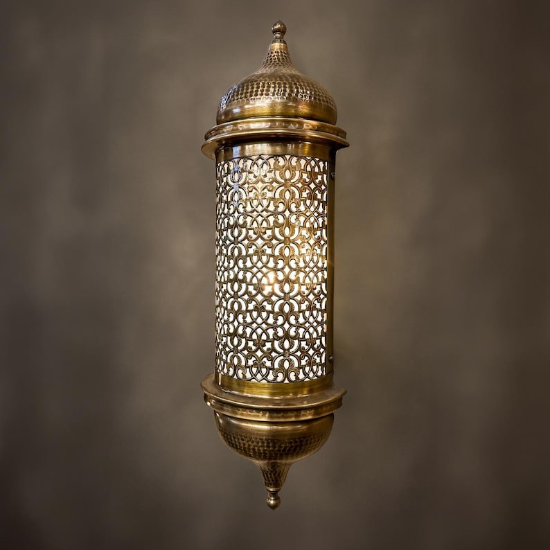 Handmade Moroccan Brass Wall Sconce – Turkish Ottoman Style Pierced Metal Lantern – Antique Decorative Lighting Handmade Moroccan Brass Wall Sconce – Turkish Ottoman Style Pierced Metal Lantern – Antique Decorative Lighting