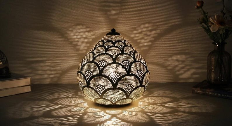 Handmade Moroccan Brass Table Lamp: Art Deco Night Light